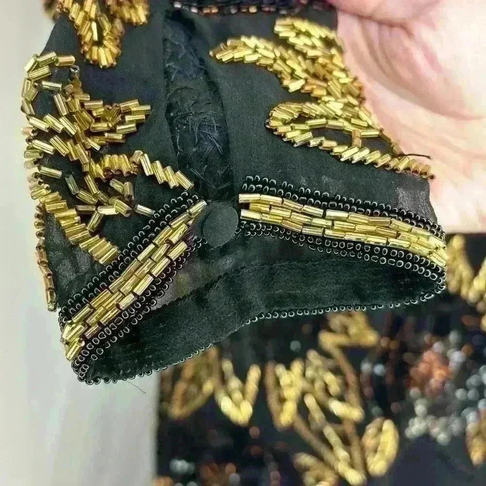 Vintage 1980s Morgan Taylor Evening 100% Silk Black Gold Beaded Sequins Dress - Picture 5 of 10